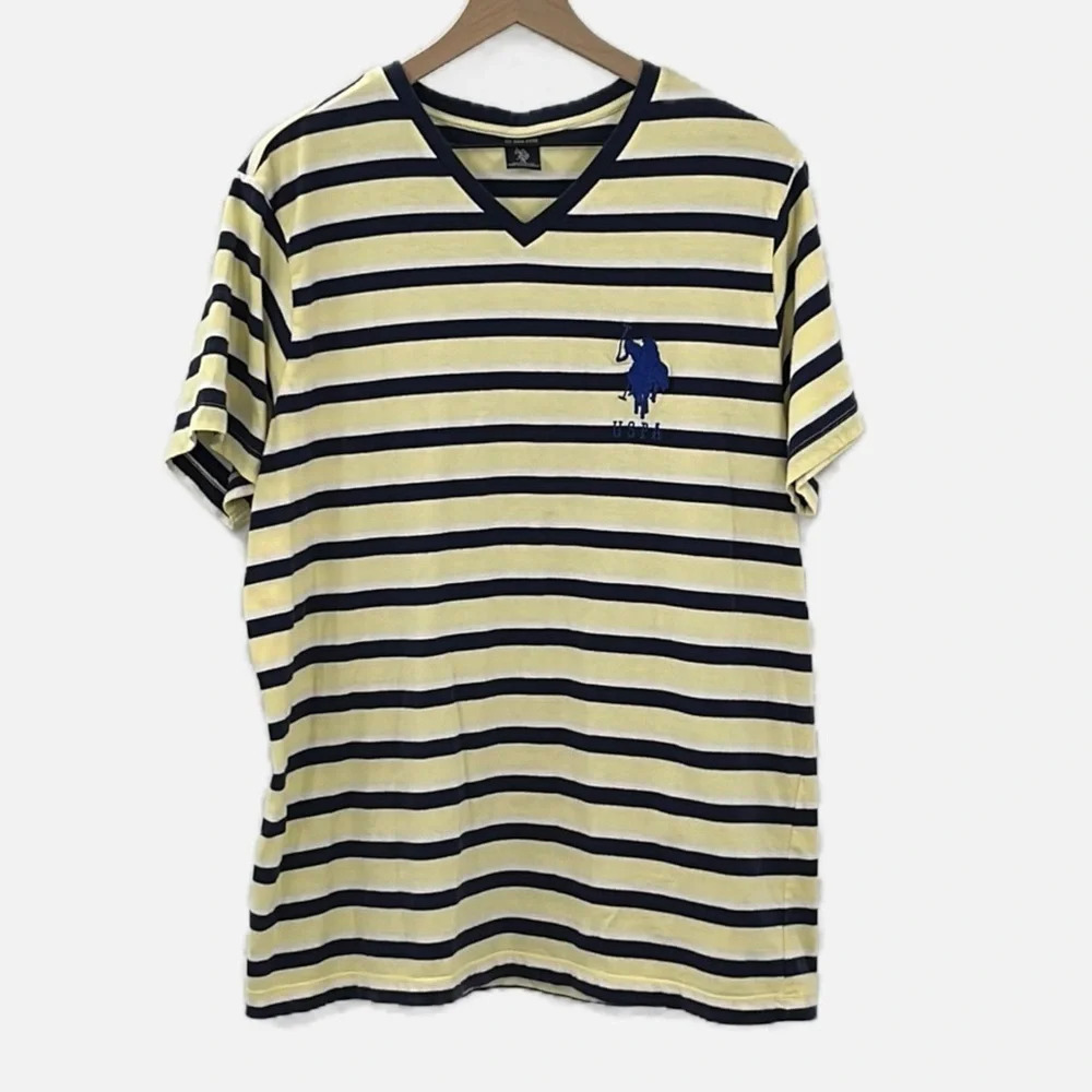 US Polo Big Pony Cotton V Neck Short Sleeve Striped T Shirt - Size XL